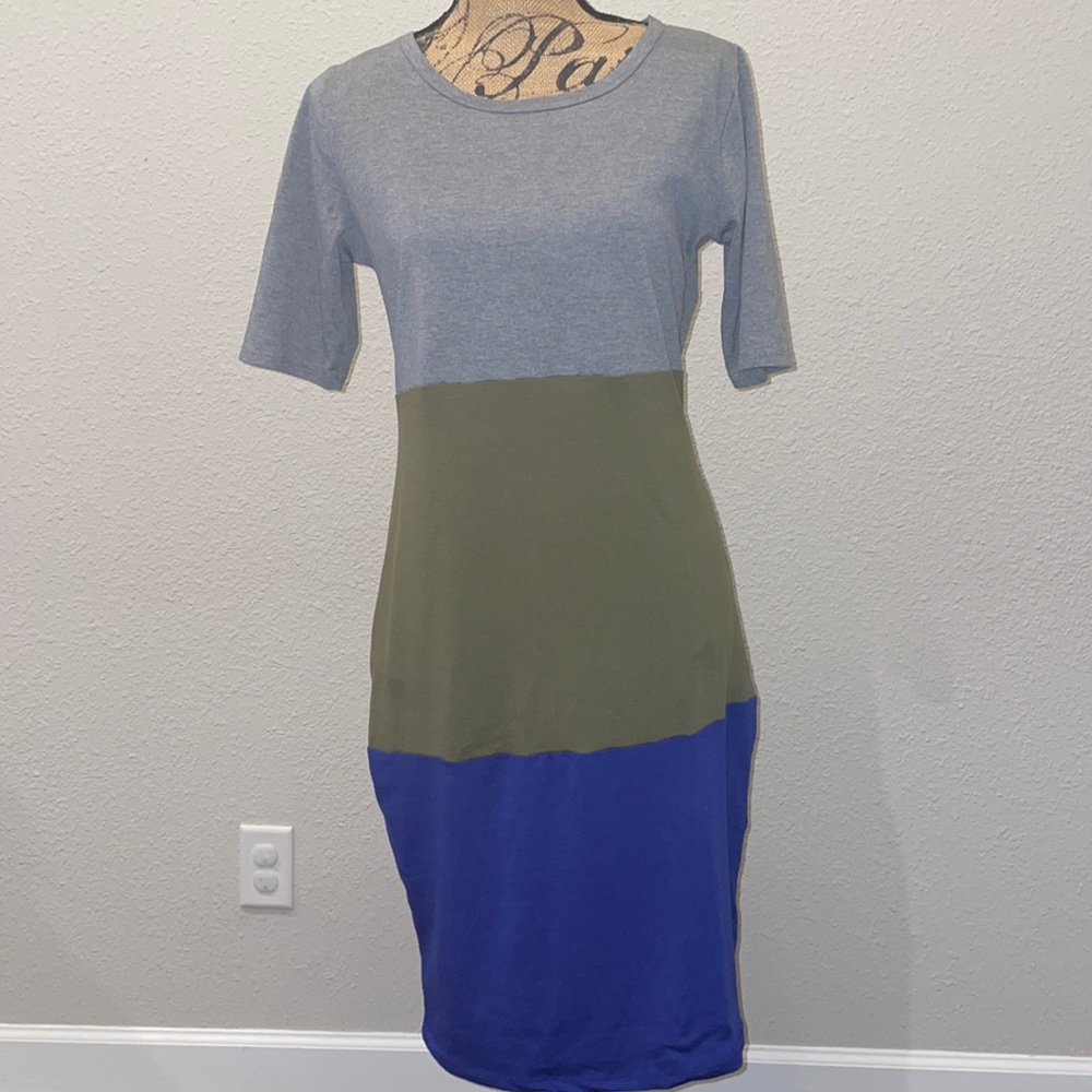 LulaRoe Color Block Green Blue Dress Sz Medium